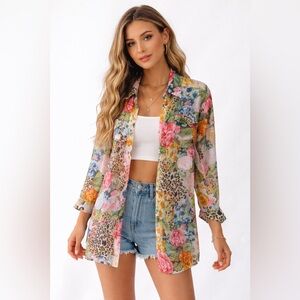 Coachella Ready Floral + Leopard Print Sheer Button Down Festival Boho Luxe Top